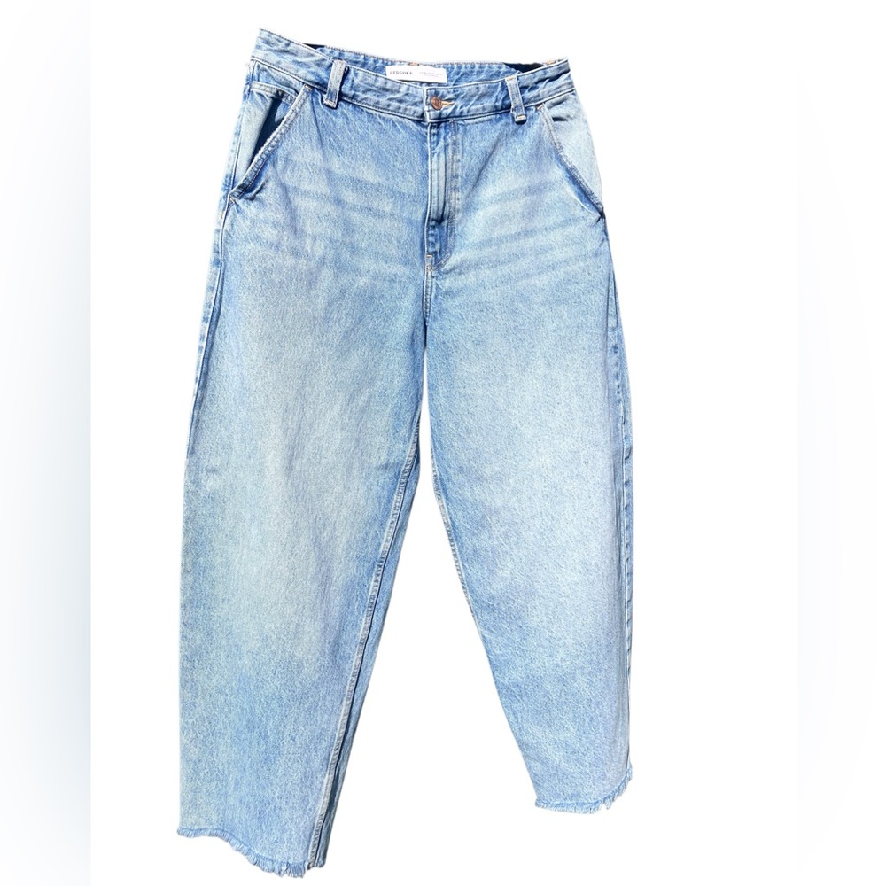 Bershka Light Blue Denim Baggy Wide Leg w Gold Button, Size 31